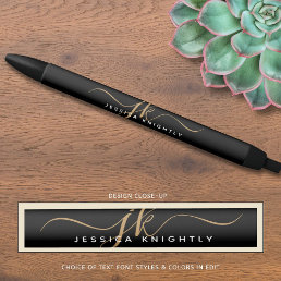 Elegant Black Gold Script Monogram Initials Name Pen