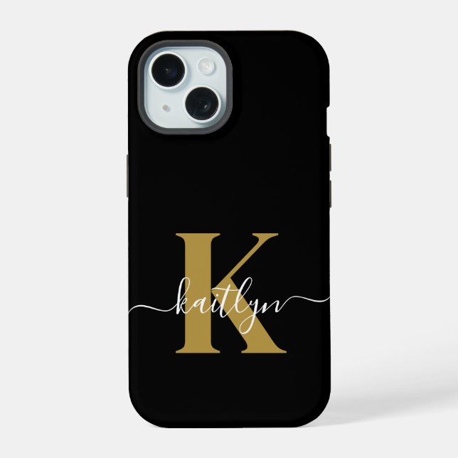 Elegant Black Gold Script Monogram iPhone 15 Case (Back)