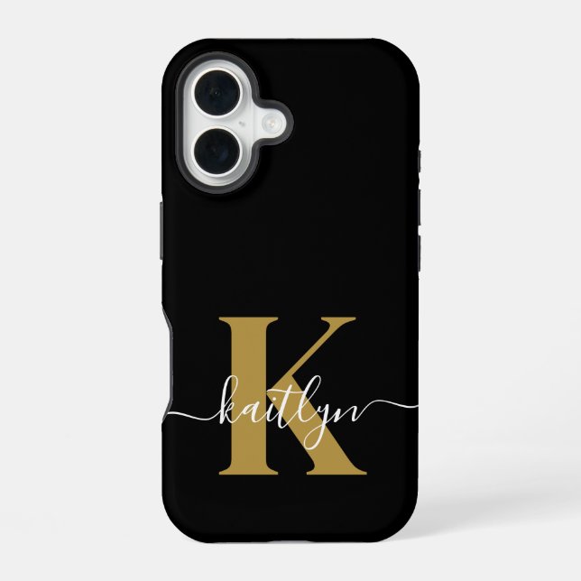 Elegant Black Gold Script Monogram iPhone Case (Back)