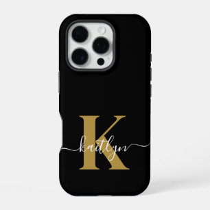 Elegant Black Gold Script Monogram iPhone 16 Pro Case