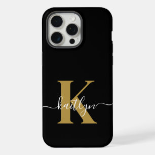 Elegant Black Gold Script Monogram iPhone 15 Pro Max Case