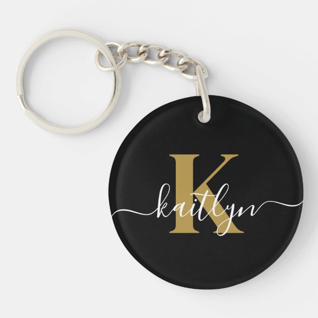 Elegant Black Gold Script Monogram Keychain (Front)