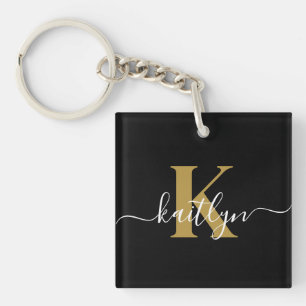Elegant Black Gold Script Monogram Keychain