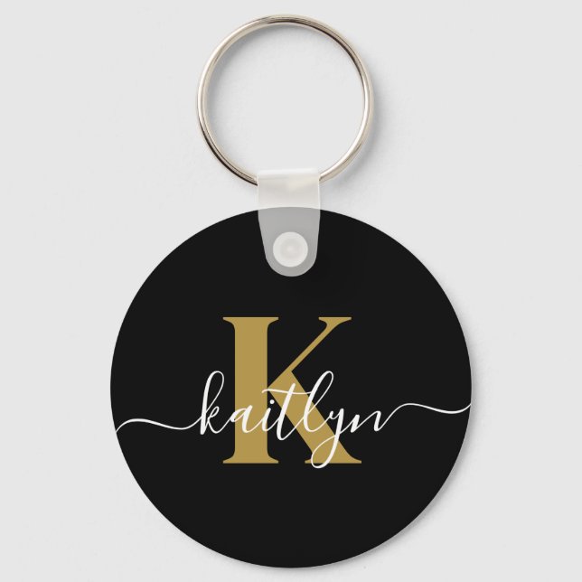 Elegant Black Gold Script Monogram Keychain (Front)