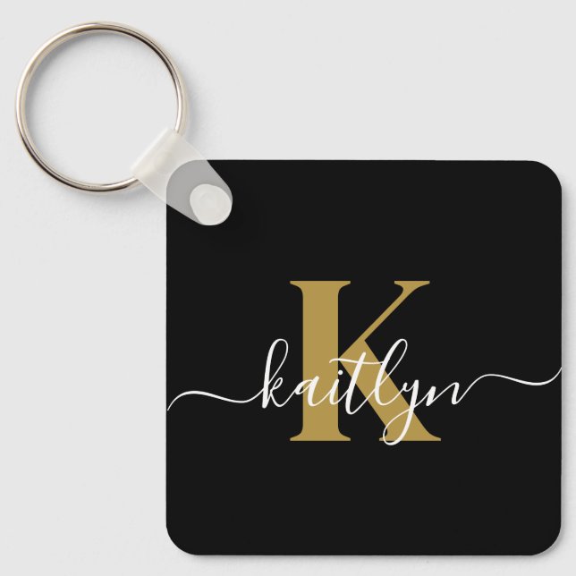 Elegant Black Gold Script Monogram Keychain (Front)
