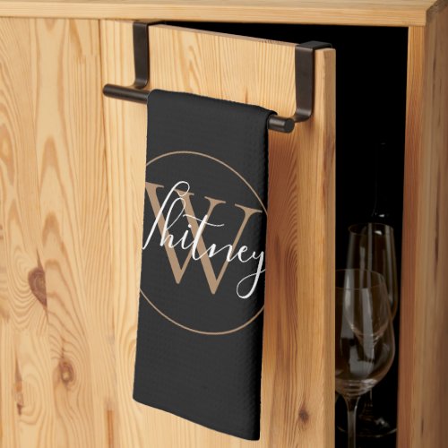 Elegant Black Gold Script Monogram  Kitchen Towel