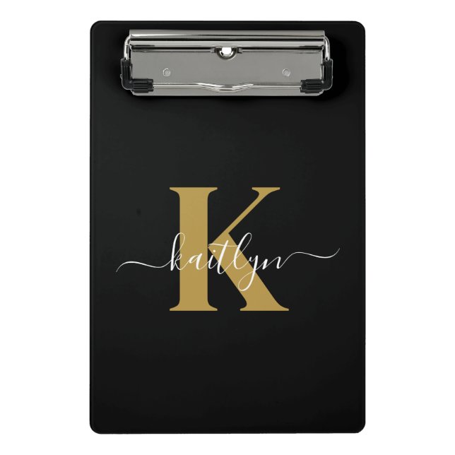 Elegant Black Gold Script Monogram Mini Clipboard (Front)