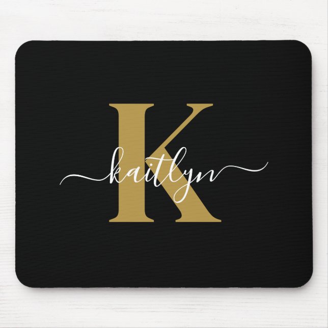 Elegant Black Gold Script Monogram Mouse Pad (Front)