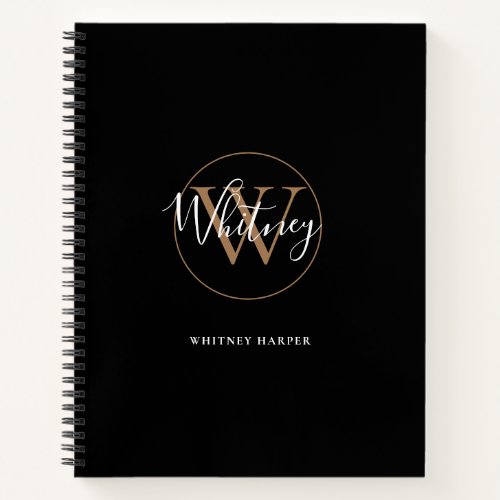 Elegant Black Gold Script Monogram Name Notebook