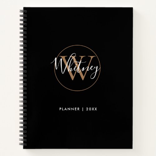 Elegant Black Gold Script Monogram Name Notebook