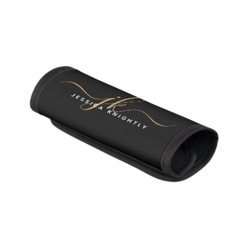 Elegant Black Gold Script Monogram Name Stylish Luggage Handle Wrap