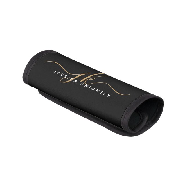 Elegant Black Gold Script Monogram Name Stylish Luggage Handle Wrap (Angled)