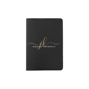 Elegant Black Gold Script Monogram Name Stylish Passport Holder