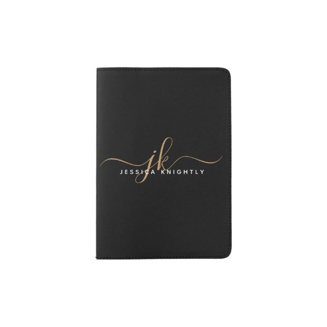 Elegant Black Gold Script Monogram Name Stylish  Passport Holder (Front)