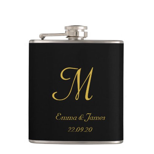 Elegant Black  Gold Script Monogram Name Wedding  Flask