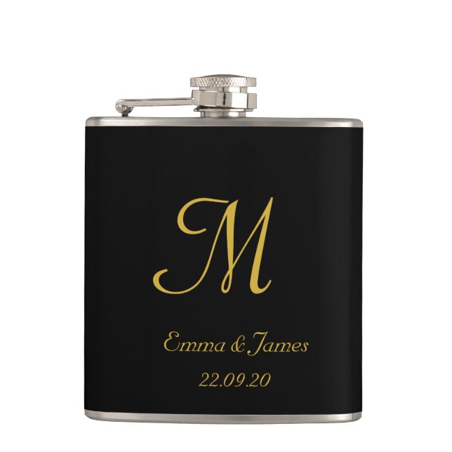 Elegant Black & Gold Script Monogram Name Wedding  Flask (Front)