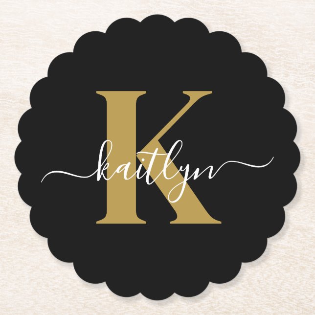 Elegant Black Gold Script Monogram Paper Coaster (Front)