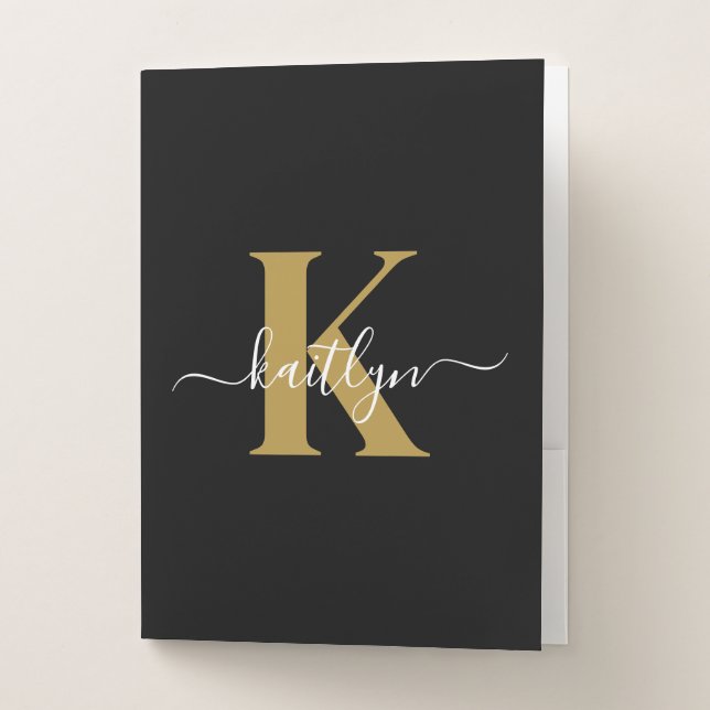Elegant Black Gold Script Monogram Pocket Folder (Front)
