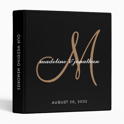 Elegant Black Gold Script Monogram Wedding Album 3 Ring Binder