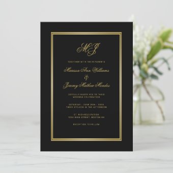 Elegant Black Gold Script Monogram Wedding Invitation | Zazzle