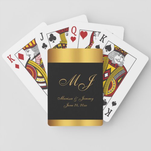 Elegant Black Gold Script Monogram Wedding Poker Cards