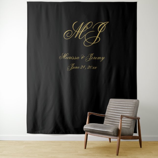 Elegant Black Gold Script Monogram Wedding Tapestry (In Situ)