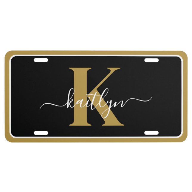 Elegant Black Gold Script MonogramLicense Plate (Front)
