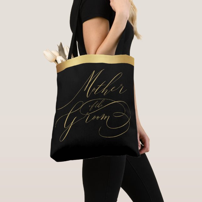 Elegant Black Gold Script Mother of the Groom Tote Bag (Close Up)