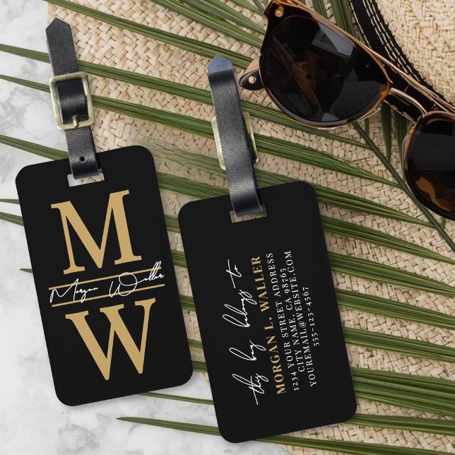 Elegant Black Gold Script Name Monogram Luggage Tag (Elegant Black Gold Monogram Name Luggage Tag)