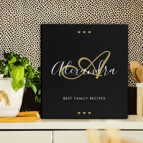 Elegant Black Gold Script Name Monogram Recipe 3 Ring Binder