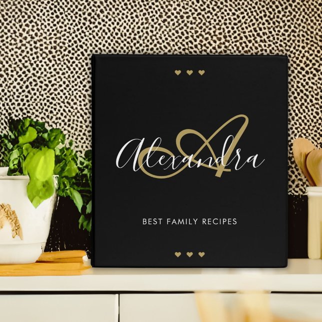 Elegant Black Gold Script Name Monogram Recipe 3 Ring Binder (Elegant Black Gold Script Name Monogram Recipe 3 Ring Binder)
