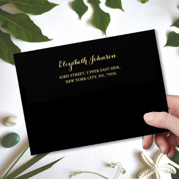 Elegant Black Gold Script Name Return Address 5x7 Envelope by iCoolCreate at Zazzle