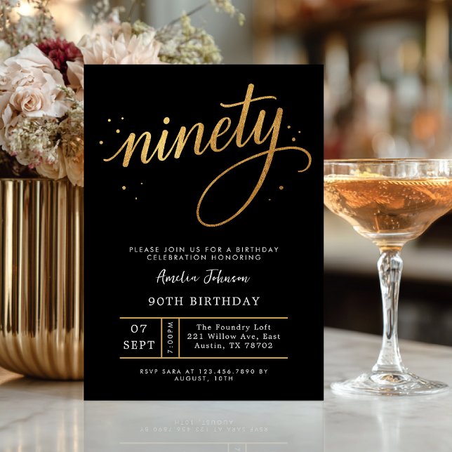 Elegant Black & Gold Script Ninety 90th Birthday Invitation (Celebrate ninety in timeless style with this elegant black and gold invitation.)