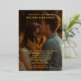 Elegant Black & Gold Script Overlay Photo Wedding Foil Invitation