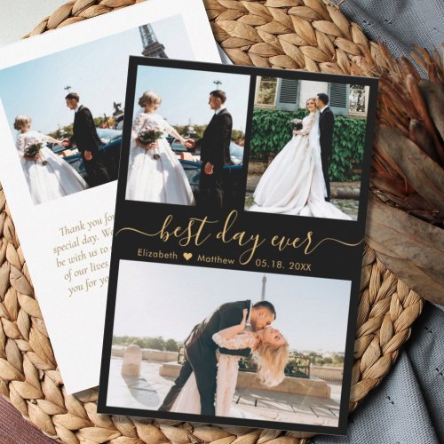 Elegant Black Gold Script Photo Collage Wedding Thank You Card