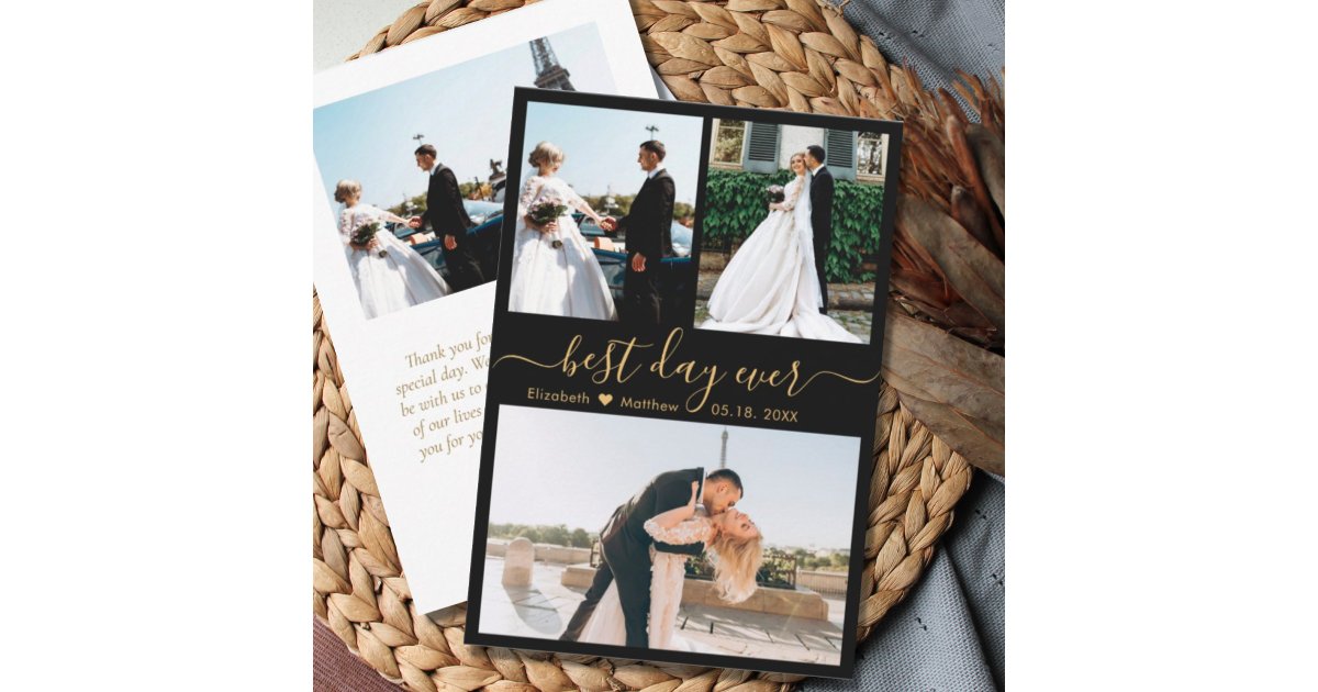 Elegant Black Gold Script Photo Collage Wedding Thank You Card | Zazzle