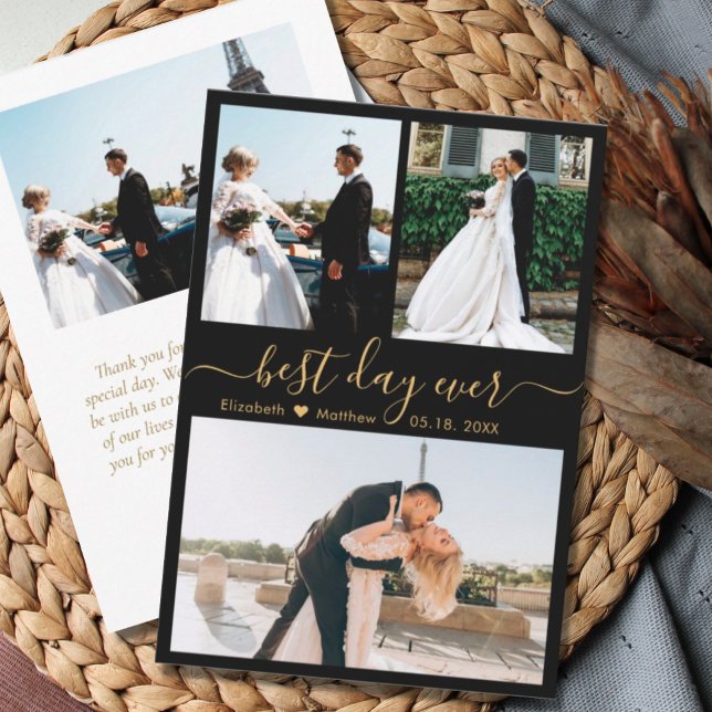 Elegant Black Gold Script Photo Collage Wedding Thank You Card (Creator Uploaded)