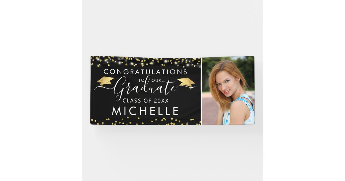 Elegant Black Gold Script Photo Graduation Banner | Zazzle