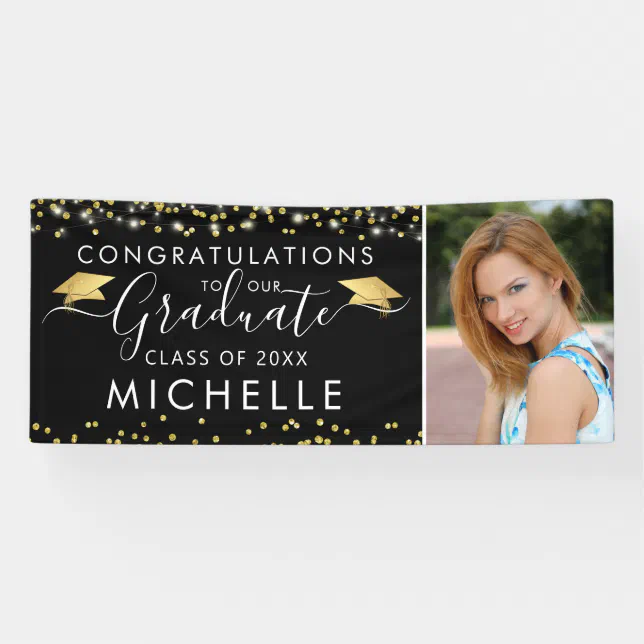 Elegant Black Gold Script Photo Graduation Banner | Zazzle