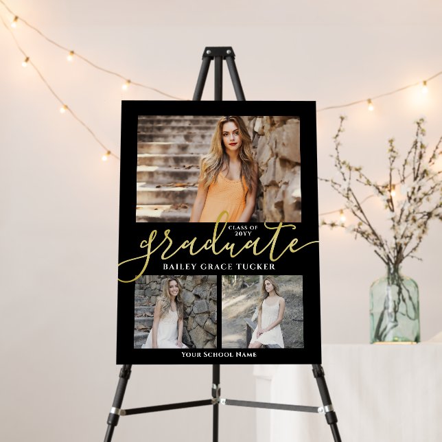 Elegant Black & Gold Script Photo Graduation Party Foam Board (In Situ (Stand))