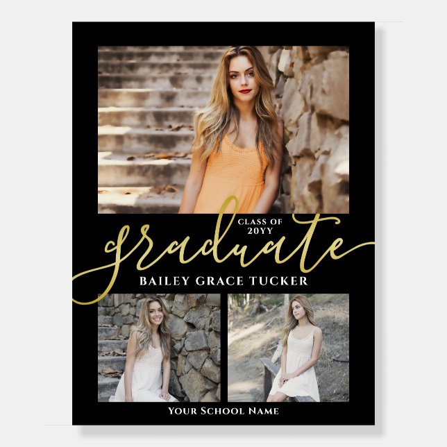 Elegant Black & Gold Script Photo Graduation Party Foam Board (Front)