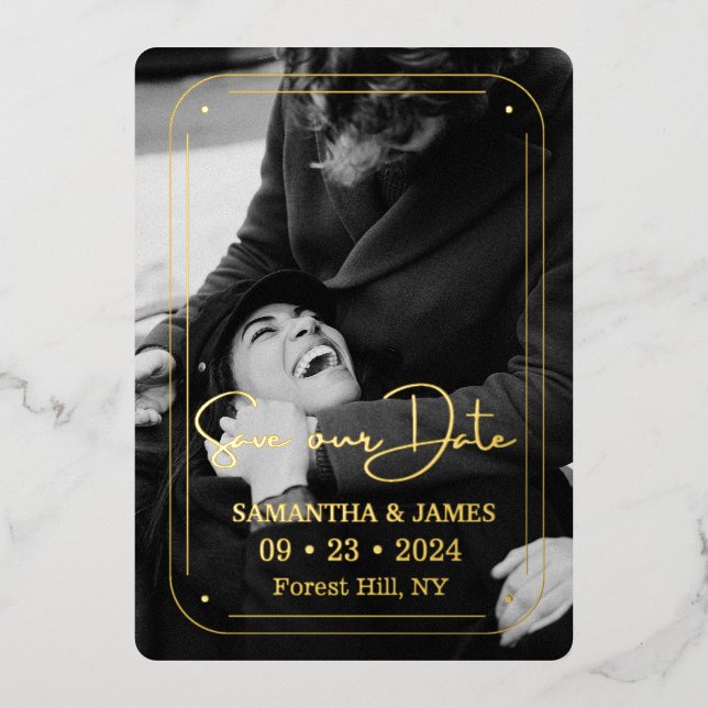 Elegant Black Gold Script Photo Save the Date  Foil Invitation (Front)