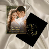 Elegant Black Gold Script Photo Wedding Monogram Foil Invitation