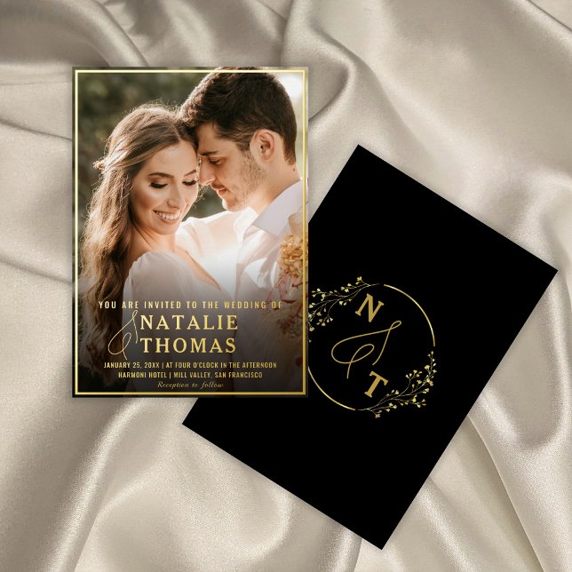 Elegant Black Gold Script Photo Wedding Monogram Foil Invitation (Creator Uploaded)