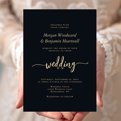 Elegant Black Gold Script QR Code Wedding Invitation