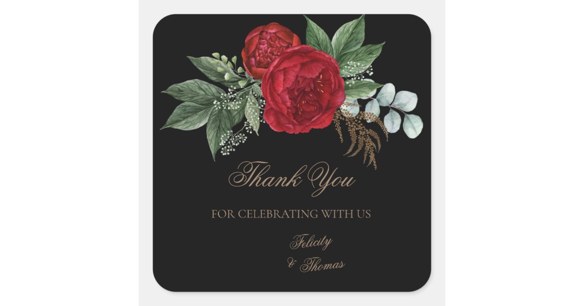 Elegant Black & Gold Script Red Floral Thank You Square Sticker | Zazzle