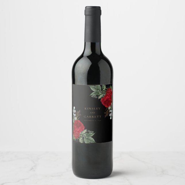 Elegant Black & Gold Script Red Floral Wedding Wine Label (Front)
