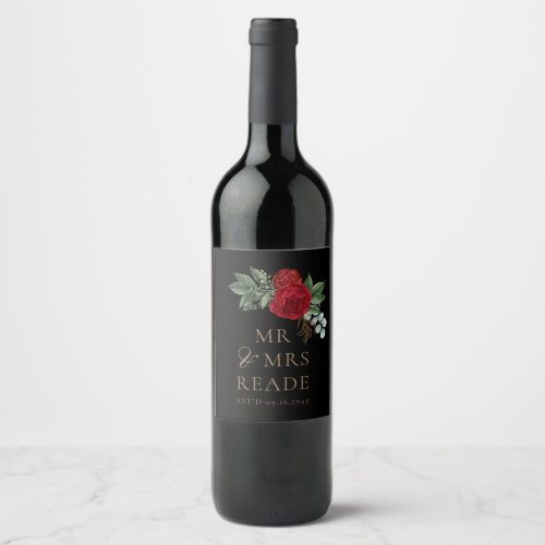 Elegant Black  Gold Script Red Floral Wine Label