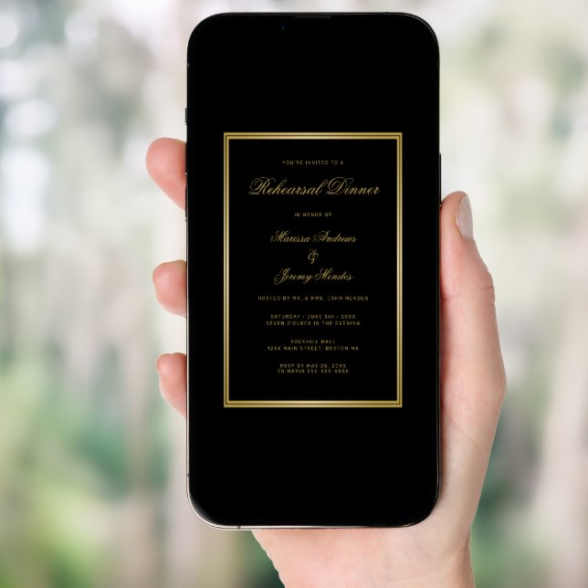 Elegant Black Gold Script Rehearsal Dinner Invitation (Front Digital)