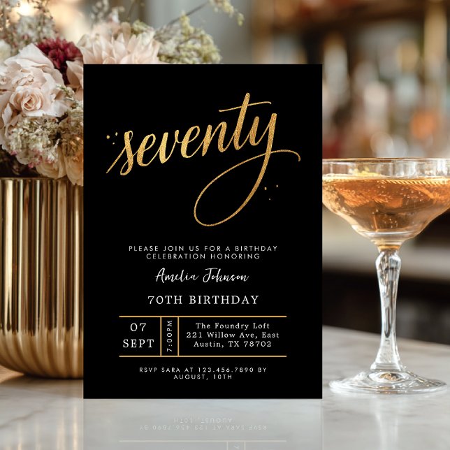 Elegant Black & Gold Script Seventy 70th Birthday  Invitation (Celebrate seventy in timeless style with this elegant black and gold invitation.)